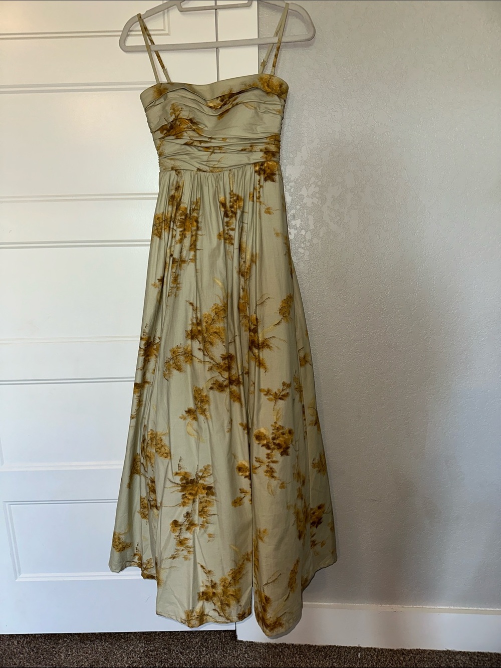 Strapless A-Line Floral Evening Dress in Sage and Mustard